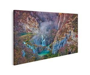 islandburner Impression sur toile Plitvice Cascade Automne - Parc national de Croatie - Crépuscule - Tableau mural