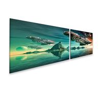islandburner Impression sur toile représentant des vaisseaux spatiaux sur un monde aquatique étranger, avec des planètes et des étoiles lointaines