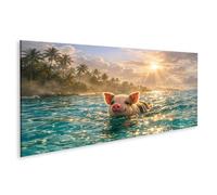islandburner Impression sur toile représentant un cochon joyeux dans la lagune des Caraïbes au coucher du soleil - Panorama