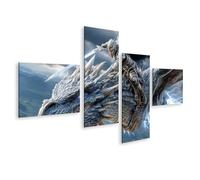 islandburner Impression sur toile représentant un guerrier majestueux sur un dragon dans une tempête - 4 pièces - Edition Z1