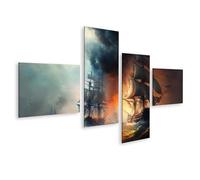 islandburner Impression sur toile Tempête et bataille sur l'océan tourbillonnant avec voiliers - Toile 150 x 80 cm - 4 pièces