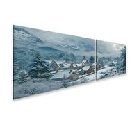 islandburner Impression sur toile Village d'hiver dans les montagnes au bord de la rivière dans la neige et le brouillard - Toile 160 x 40 cm - 2 pièces