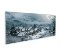 islandburner Impression sur toile Village d'hiver dans les montagnes au bord de la rivière dans la neige et le brouillard - Toile 120 x 40 cm - Panorama