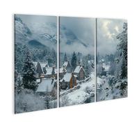 islandburner Impression sur toile Village d'hiver dans les montagnes au bord de la rivière dans la neige et le brouillard - Toile 130 x 80 cm - 3 pièces