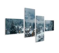 islandburner Impression sur toile Village d'hiver dans les montagnes au bord de la rivière dans la neige et le brouillard - Toile 150 x 80 cm - 4 pièces