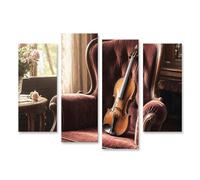 islandburner Impression sur toile - Violon nostalgique sur fauteuil en velours - Décoration murale pour salon - Pour les amateurs de musique - 4 pièces