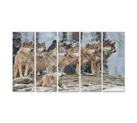 islandburner Impression sur toile XXL représentant une meute de loups dans la forêt d'hiver debout et allongé sur une colline - Toile 160 x 80 cm - 5 pièces