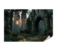 islandburner Poster de qualité supérieure avec chevreuil dans la forêt ancienne avec rayons de soleil et ruines - Standard