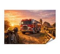 islandburner Poster de qualité supérieure - Camion de pompier devant la ferme au coucher du soleil - Tableau mural - Standard