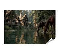 islandburner Poster de qualité supérieure - Chevaux au bord d'une rivière claire dans la forêt - Tableau mural pour les amoureux de la nature - Grand format