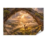 islandburner Poster de qualité supérieure Chevreuil au coucher du soleil devant un arbre couvert de mousse - Standard