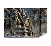 islandburner Poster de qualité supérieure - Église en bois massif mystique dans la forêt d'hiver - Tableau mural pour salon pour les amateurs d'histoire - Standard