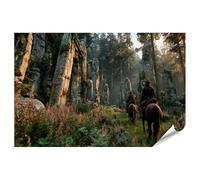 islandburner Poster de qualité supérieure - Motif cavalier dans une forêt mystique avec de vieilles pierres et fleurs - Standard