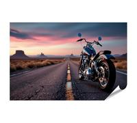 islandburner Poster de qualité supérieure Moto sur Route 66 au crépuscule - Tableau mural pour les amateurs d'aventure - Grand format