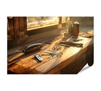 islandburner Poster de qualité supérieure - Outils de barbier vintage sur bureau en bois dans une lumière chaude - Grand format