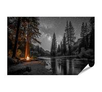 islandburner Poster de qualité supérieure - Paysage nocturne avec pins et rivière - Style noir et blanc - Standard