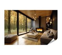 islandburner Poster de qualité supérieure pour salon moderne avec cheminée et grandes fenêtres sur la nature - Grand format