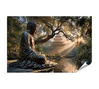 islandburner Poster de qualité supérieure - Statue de Bouddha dans le jardin du temple au coucher du soleil - Tableau mural - Grand format - Edition R2