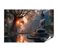 islandburner Poster de qualité supérieure - Statue de Bouddha dans le jardin du temple au coucher du soleil - Grand format - Edition T1