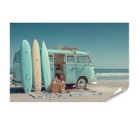 islandburner Poster de qualité supérieure Tableau mural minimaliste : Van de surf aux couleurs pastel sur la plage - Standard