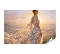 islandburner Poster haut de gamme Robe florale élégante devant un paysage de montagne à couper le souffle - Standard