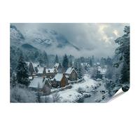 islandburner Poster Village d'hiver dans les montagnes au bord de la rivière dans la neige et le brouillard - Poster 130 x 90 cm