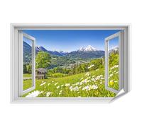 islandburner Poster XXL avec vue à travers une fenêtre ouverte sur les paysages de montagne et la prairie - Qualité supérieure - 90 x 60 cm