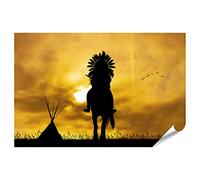 islandburner Poster XXL - Illustration indienne - Chevaux - Coucher de soleil - Indiens - Coucher de soleil - Indiens - Impression photo de qualité supérieure - 130 x 90 cm