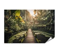 islandburner Poster XXL - Lumière du matin dans le temple de la jungle avec nénuphars et pont en bois à Bali - Impression photo de qualité supérieure