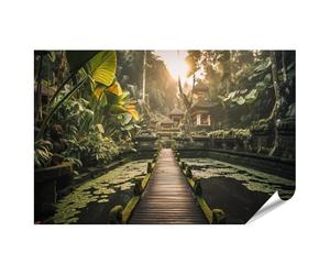 islandburner Poster XXL - Lumière du matin dans le temple de la jungle avec nénuphars et pont en bois à Bali - Impression photo de qualité supérieure