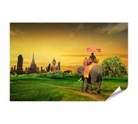 islandburner Poster XXL - Motif éléphant au coucher du soleil devant les ruines du temple - 90 x 60 cm