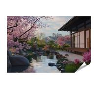 islandburner Poster XXL - Motif jardin printanier japonais avec fleurs de cerisier et maison traditionnelle - Impression photo de qualité supérieure