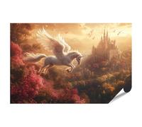 islandburner Poster XXL Pegasus en vol devant un château de conte de fées dans un paysage pittoresque