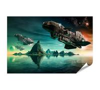 islandburner Poster XXL représentant des vaisseaux spatiaux sur un monde aquatique étranger, avec des planètes et des étoiles lointaines