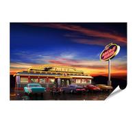 islandburner Poster XXL Rock n Roll Diner au coucher du soleil avec voitures anciennes et enseigne lumineuse, impression photo de qualité supérieure