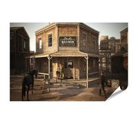 islandburner Poster XXL Saloon en bois dans le Far West, avec cheval et personnes, 130 x 90 cm