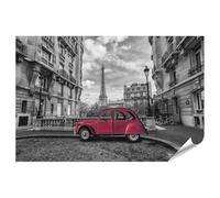 islandburner Poster XXL Voiture rouge devant la Tour Eiffel à Paris en noir et blanc Photographie de qualité supérieure