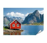 islandburner Prime Image Poster Maison rouge sur le fjord avec des montagnes majestueuses et un ciel bleu