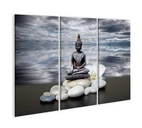 islandburner Prime Image sur toile Bouddha Zen Pierre Orchidée Blanche Fleurs Ciel Foncé Nuages Réfléchissant Images Murales Poster