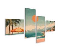 islandburner Prime Image sur toile - Calme estival sur la mer Méditerranée avec palmiers et coucher de soleil - Toile 150 x 80 cm - 4 pièces