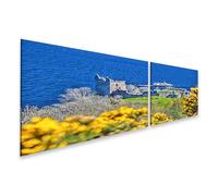 islandburner Prime Image sur toile Château Ruine sur le lac bleu avec fleurs jaunes et bateau Images murales Poster
