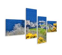 islandburner Prime Image sur toile Château Ruine sur le lac bleu avec fleurs jaunes et bateau Images murales Poster