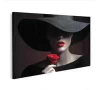 islandburner Prime Image sur toile femme avec chapeau et rose à l'ombre mystérieuse et élégante - Toile 100 x 57 cm