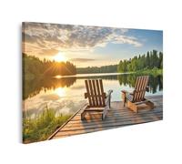islandburner Prime Image sur toile Lac Coucher de soleil avec bancs en bois et forêt en arrière-plan Images murales Poster