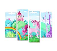 islandburner Prime Image sur toile Licorne rose dans le pays des contes de fées coloré avec château et arc-en-ciel Images murales Poster mural