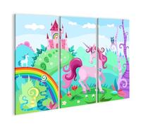 islandburner Prime Image sur toile Licorne rose dans le pays des contes de fées coloré avec château et arc-en-ciel Images murales Poster mural