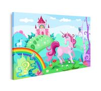 islandburner Prime Image sur toile Licorne rose dans le pays des contes de fées coloré avec château et arc-en-ciel Images murales Poster mural