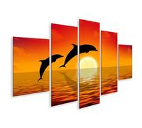 islandburner Prime Image sur toile motif coucher de soleil, dauphins, horizon de mer, ciel, ombre, 170 x 80 cm, 5 pièces