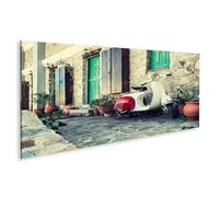 islandburner Prime Image sur toile Motif scooter rétro devant une ancienne façade de maison en pierre avec pots de fleurs