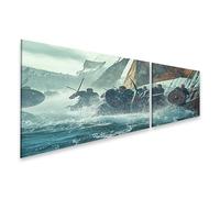 islandburner Prime Image sur toile Viking Attaque maritime épique bataille sur une mer orageuse - Toile 160 x 40 cm - 2 pièces